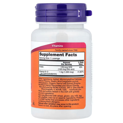 Vitamina B-12, 1000 mcg con Ácido Fólico de NOW Foods para Energía y Apoyo al Sistema Nervioso | 100 Pastillas para Masticar, Vegetariano/Vegano