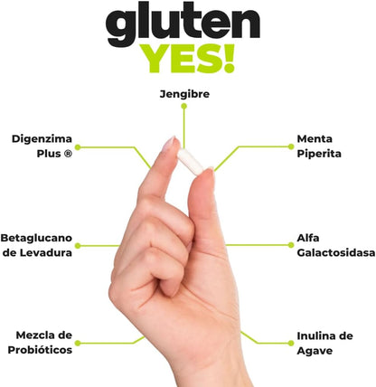Enzimas y Probióticos, Gluten Yes! 500g, con fibra de inulina y prebióticos | Facilita la digestión del gluten | 30 cápsulas veganas