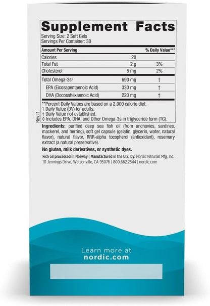 Omega-3 690 mg de Nordic Naturals | Apoyo para la función Cerebral, Ocular y cardiovascular | 120 cápsulas blandas sabor a limón