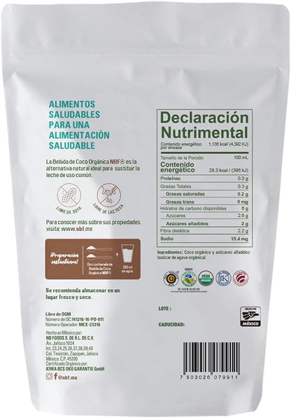 Bebida de coco orgánica en polvo, NBF Nutrition, Libre de lactosa, 480 g