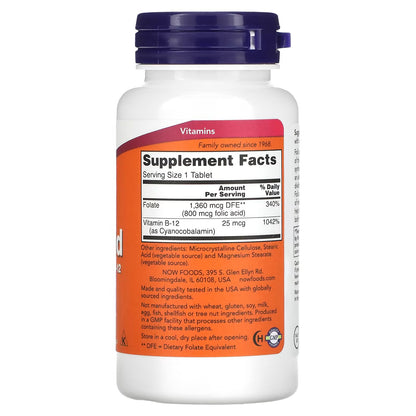 Ácido Fólico 800 mcg con Vitamina B-12 de NOW Foods | Complejo de Vitamina B para Metabolismo de la Homocisteína | 250 Tabletas