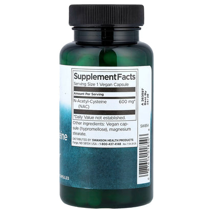 NAC (N-Acetil Cisteína) 600 mg de Swanson |  Ayuda a aumentar los niveles de glutatión, un antioxidante crucial en el cuerpo, protegiendo las células del daño oxidativo | 100 cápsulas vegetales