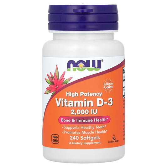 Vitamina D-3 2000 UI de NOW Foods | Fortalecimiento Óseo y del Sistema Inmune | 30, 120 y 240 cápsulas blandas