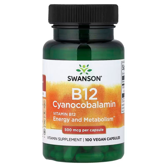 Vitamina B12 500 mcg de Swanson |  Producción de energía, combatiendo la fatiga - Favorece la función cerebral, contribuyendo a una mejor concentración y memoria | 100 y 250 cápsulas vegetales