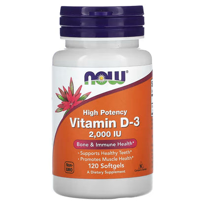Vitamina D-3 2000 UI de NOW Foods | Fortalecimiento Óseo y del Sistema Inmune | 30, 120 y 240 cápsulas blandas