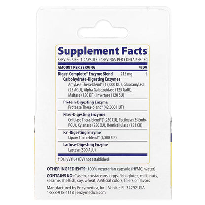 Fórmula Completa de Enzimas Digestivas de Enzymedica | para Soporte Digestivo Mejorado, con Amilasa, Proteasa, Lipasa y Más | 30 Cápsulas Veganas y Kosher