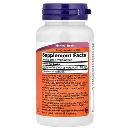 Coenzima Q10 (CoQ10) 200 mg de NOW Foods | Apoyo Cardiovascular y Producción de Energía Celular | 60 cápsulas vegetales