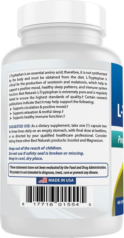 L-Triptófano de Best Naturals | Apoyo al Estado de Ánimo y Sueño | 500 mg 120 Cápsulas