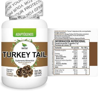Hongo Cola de Pavo - Turkey Tail 1000 mg de NATSA | Ayuda a combatir el estrés oxidativo, sistema inmune | 100 cápsulas