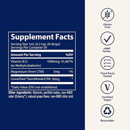 Vitamina B12 Iónico 1000mcg de Trace Minerals | Ayuda a favorecer al funcionamiento del sistema nervioso central | 59ml