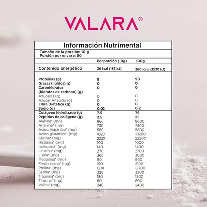 Colágeno Hidrolizado 10g de tipo I y III con Aminoácidos de Valara Nutrition 500g | Fortalece Piel, Cabello y Uñas | 50 porciones