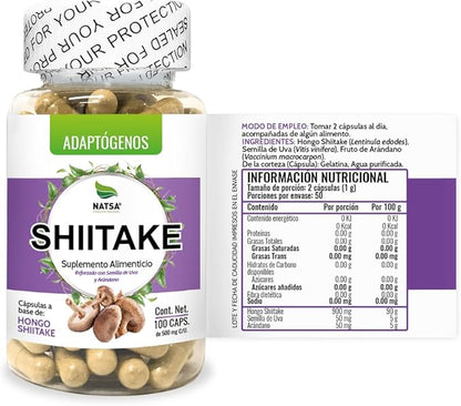 Hongo Shiitake 500 mg de NATSA | Contribuye al equilibrio y energía del cuerpo, sistema inmune | 100 cápsulas