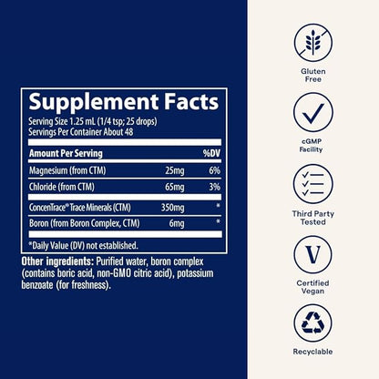 Boro Iónico con Magnesio, Cloruro y Complejo de Minerales Iónicos de Trace Minerals | Soporte para Huesos, Músculos y Función Cerebral | 2 oz (59 mL) - Vegano y Sin OGM