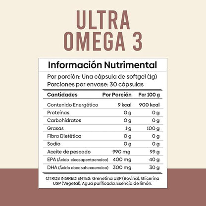 Ultra Omega 3 EPA y DHA de Vida Labs | Apoyo de la Función Cardiovascular y Reduce la Inflamación, Ayudando a Aliviar Dolores y Malestares | 30 Cápsulas Blandas