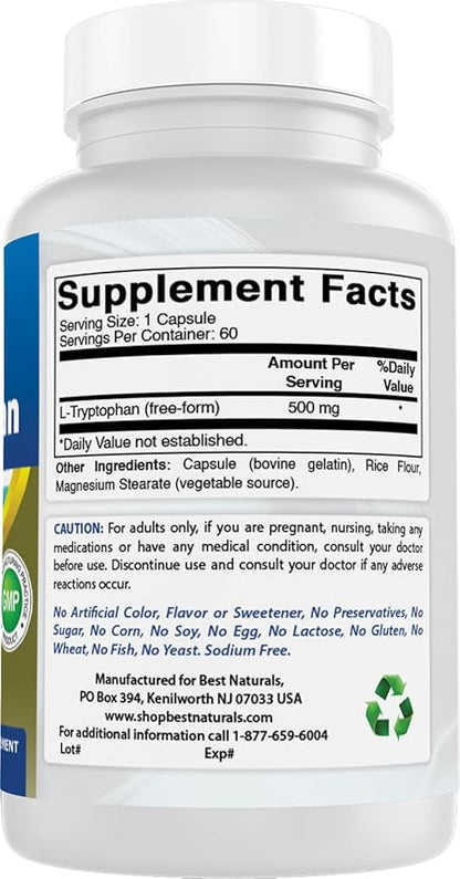 L-Triptófano de Best Naturals | Apoyo al Estado de Ánimo y Sueño | 500 mg 120 Cápsulas