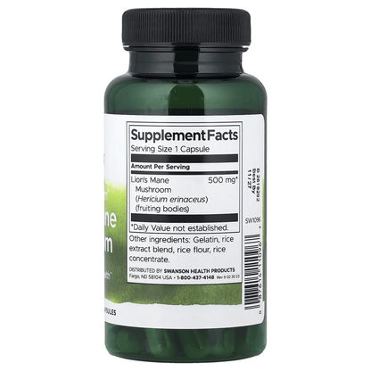 Hongo Melena de León 500 mg de Swanson | Promueve la función cognitiva, la concentración y la memoria | 60 cápsulas vegetales