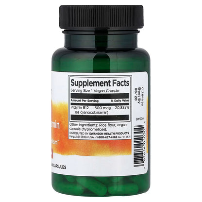 Vitamina B12 500 mcg de Swanson |  Producción de energía, combatiendo la fatiga - Favorece la función cerebral, contribuyendo a una mejor concentración y memoria | 100 y 250 cápsulas vegetales