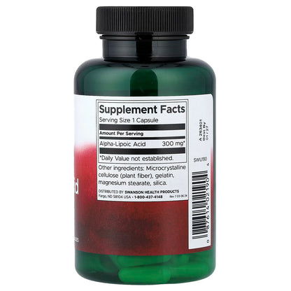 Ácido Alfa Lipoico 300mg de Swanson | Apoyo de la función metabólica, ayudando a regular los niveles de azúcar en sangre y promoviendo la desintoxicación del organismo | 120 cápsulas vegetales