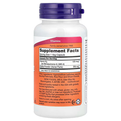 Vitamina K-2 100 mcg de NOW Foods - Soporte Óseo, Forma Biológicamente Activa Menaquinona-4 (MK-4), Metabolismo del Calcio | 100 Cápsulas Vegetales