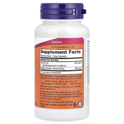 Vitamina K-2 100 mcg de NOW Foods - Soporte Óseo, Forma Biológicamente Activa Menaquinona-4 (MK-4), Metabolismo del Calcio | 100 Cápsulas Vegetales