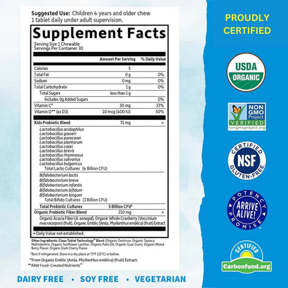 Dr. Formulated Probiotics Organic Kids | Mezcla probiótica infantil 14 cepas bacterianas | 30 tabletas masticables