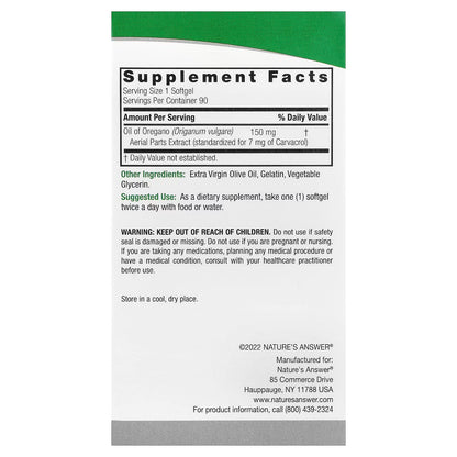 Aceite de Orégano 150mg de Nature's Answer | Apoyo al bienestar  Intestinal e Inmunológico | 90 cápsulas blandas