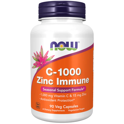 Vitamina C (1,000 mg) y Zinc (15 mg) NOW Foods para el Apoyo Inmunológico | 90 y 180 Cápsulas Vegetales