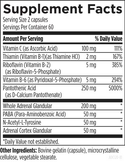 Vitamina C, B, PABA, Complejo Suprarrenal, N-Acetil-L-Tirosina de Designs for Health | Apoya la función suprarrenal saludable | 120 cápsulas vegetales
