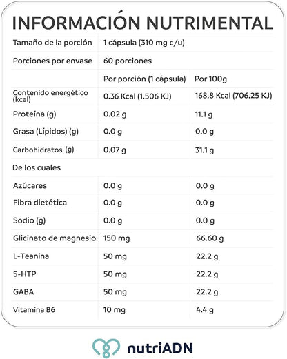 Glicinato de Magnesio, GABA, L-Teanina, 5HTP y Vitamina B 6 de NutriADN | Apoyo para el Sueño y Buen Descanso - Relaja al Organismo | 60 Cápsulas Vegetales