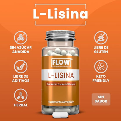 L-Lisina 1500mg por porción de Flow Supplements | Promueve la función del sistema inmunológico y cardiovascular | 90 cápsulas vegetales