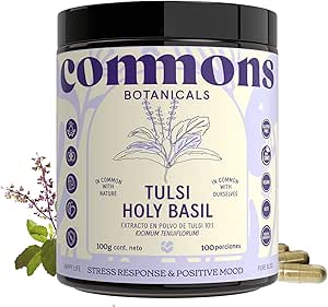 Extracto de Tulsi (Albahaca Sagrada) + Calcio de Commons | Apoyo para Reducir Estrés y Ansiedad | Polvo de 100 y 50g