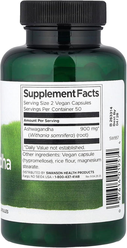 Ashwagandha 450mg de Swanson | Combate el estrés y la ansiedad, promoviendo el bienestar general | 100 cápsulas vegetales