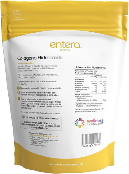 Colágeno Hidrolizado de Tipo 1 y 3 10g por porción de Entera Pharma | Favorece la elasticidad y firmeza de la piel - Apoya la función de Huesos y Articulaciones | Polvo de 500g - 50 porciones