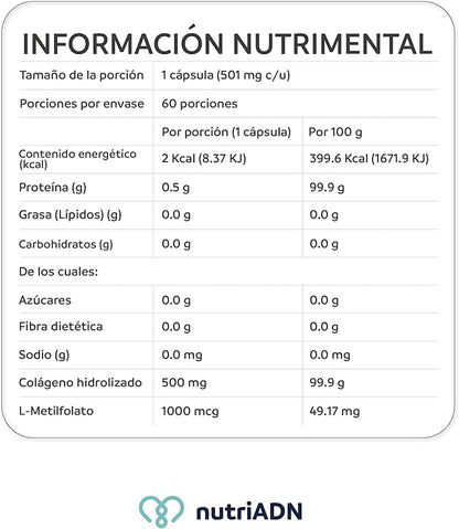 Soporte de L-Metilfolato 1000mcg + Colágeno Hidrolizado 500mg de NutriADN | Diseñado para mujeres con el fin de ayudar a disminuir síntomas premenstruales, menstruales y el equilibrio hormonal | 60 Cápsulas Vegetales