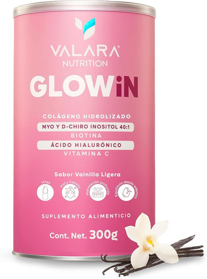 Péptidos Bioactivos de Colágeno Hidrolizado Myo y D Chiro Inositol, Biotina, Ácido Hialurónico y Vitamina C | VALARA GLOWiN | 300 g