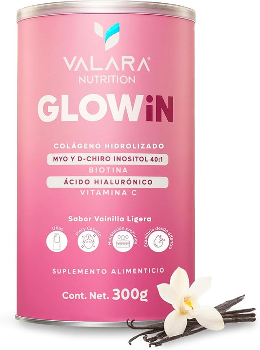 Péptidos Bioactivos de Colágeno Hidrolizado Myo y D Chiro Inositol, Biotina, Ácido Hialurónico y Vitamina C | VALARA GLOWiN | 300 g