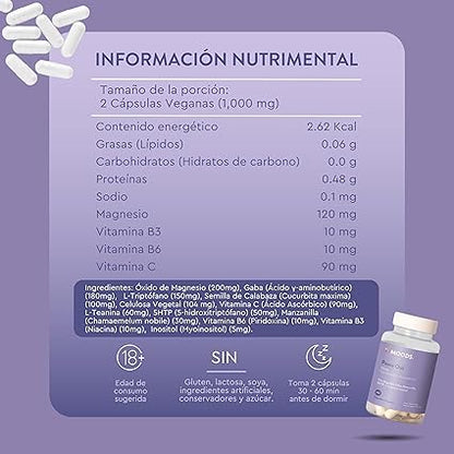 L-Teanina, GABA, Inositol con vitaminas y magnesio 1000mg por porción Peace Out de Moods | Contribuye en la conciliación y calidad del sueño | 60 cápsulas veganas