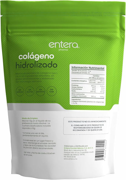 Colágeno Hidrolizado (Péptidos de Colágeno Tipo I, II y III) de Entera Pharma | Fortalece las Articulaciones y los Huesos, Cuidado de Piel, Cabello y Uñas | Polvo de 300g - 30 porciones