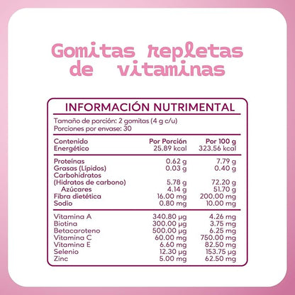 Vitamina A, C, E + Biotina, Selenio y Zinc 4g Beau de Súluu | Ayuda a mejorar la elasticidad, tonificación y aspecto general de la piel, uñas y cabello | 240g en 60 gomitas sabor Fresa