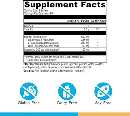 Omega 3 y CoQ10 CoQmax Ubiquinol Xymogen | Bienestar cardiovascular, antioxidante | 60 Cápsulas Blandas