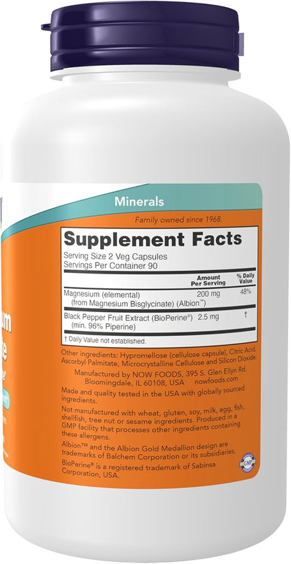 Glicinato de Magnesio con BioPerine® de Now Foods | Favorece la función muscular y la relajación | 180 Cápsulas