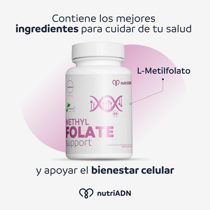 Soporte de L-Metilfolato 1000mcg + Colágeno Hidrolizado 500mg de NutriADN | Diseñado para mujeres con el fin de ayudar a disminuir síntomas premenstruales, menstruales y el equilibrio hormonal | 60 Cápsulas Vegetales