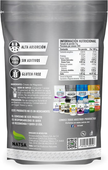 Citrato de Magnesio 3g por porción de Natsa | Fortalecimiento Muscular y Óseo | Presentación en bolsa de 1kg y 500g - Sabor Natural