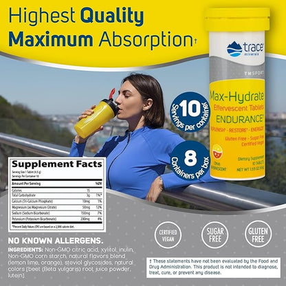 Citrato de Magnesio + Calcio + Potasio Max-Hydrate Endurance de Trace Minerals | Diseñada para mantenerte hidratado y con energía durante tus actividades de resistencia | 10 tabletas