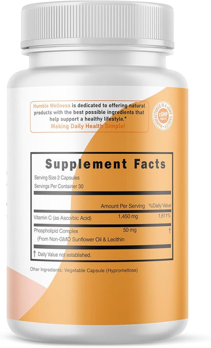 Vitamina C Liposomal 1,450 mg de Humble | Absorción Mejorada y Fortalece el Sistema Inmune | 60 cápsulas vegetales