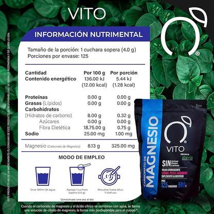 Carbonato de Magnesio 4g por porción de Vito | Favorece la relajación muscular y reducción de calambres | Polvo Efervescente de 500g Sabor Fresa - Arándano con 125 porciones