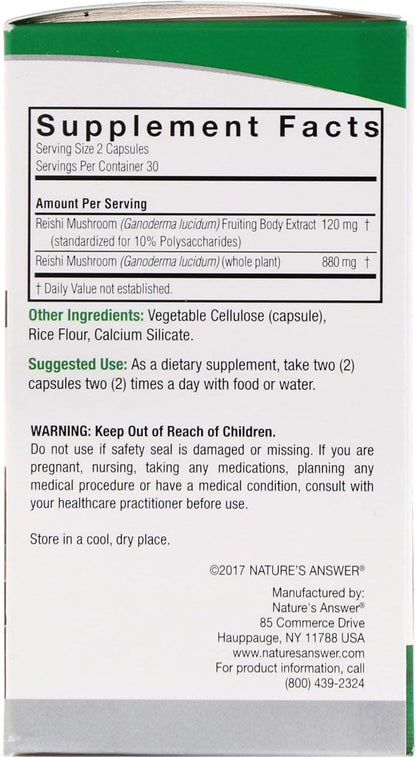 Hongo Reishi 1000mg por porción de Nature's Answer | Fortalece el Sistema Inmunológico - Antioxidante Natural | 60 cápsulas veganas