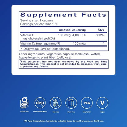 Vitamin D3 & K2 Pure Encapsulations 4000 UI y 100 mcg | Apoya la salud Ósea y Váscular | 60 cápsulas