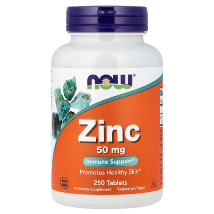 Gluconato de Zinc 50 mg de NOW Foods | Soporte Inmunológico, Funciones Enzimáticas | 100 y 250 Tabletas