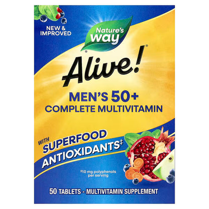 Multivitamínico Completo para Hombres con Extractos de Frutas y Verduras 100mg - Alive! Nature's Way | Fortalecimiento del sistema inmunológico | 50 tabletas veganas